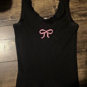 Black Ribbed Tank Top with Pink Bow